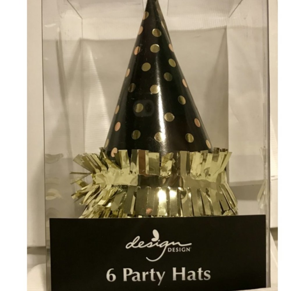Gold Dots On Black Party Hats set of 6 new in box